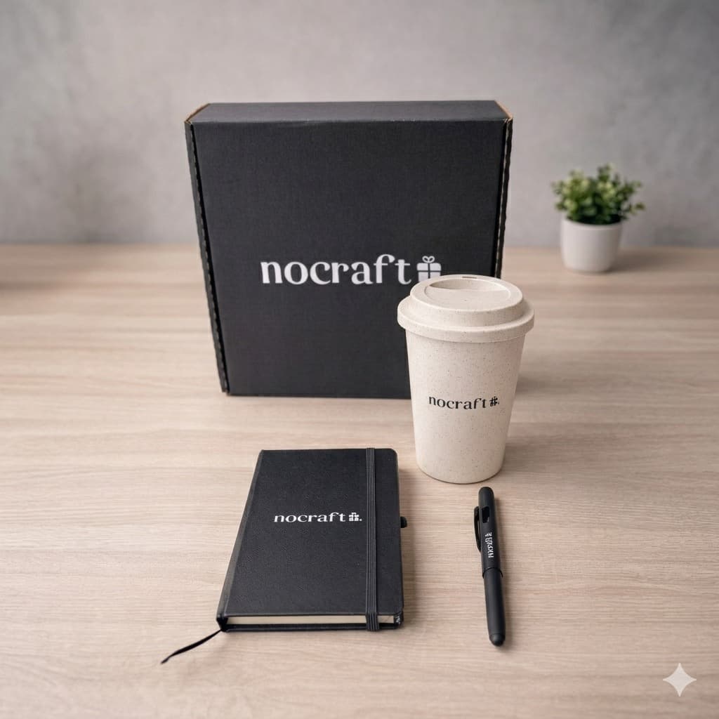 Kit boas-vindas executivo com caixa preta Nocraft, caderno, copo de bambu e caneta