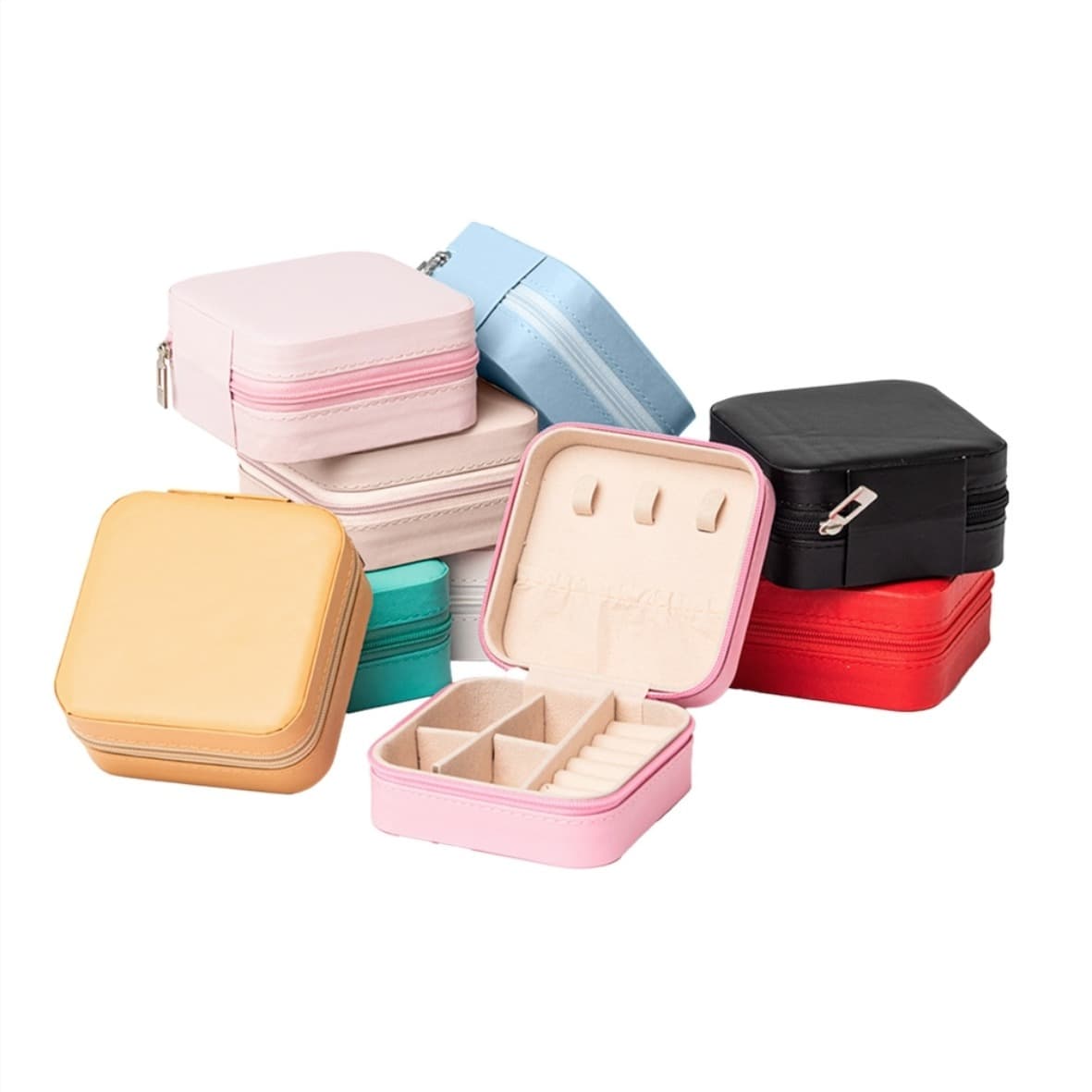 Estojo de joias compacto com zíper em diversas cores: rosa, azul, amarelo, verde, vermelho e preto