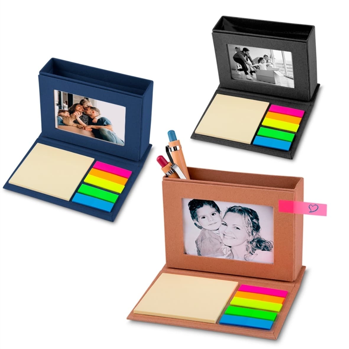 Organizador de mesa com porta-retrato, bloco de notas e marcadores coloridos em três cores