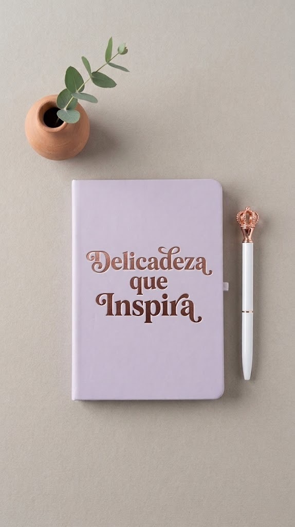 Caderno lilás personalizado com frase Delicadeza que Inspira e caneta branca