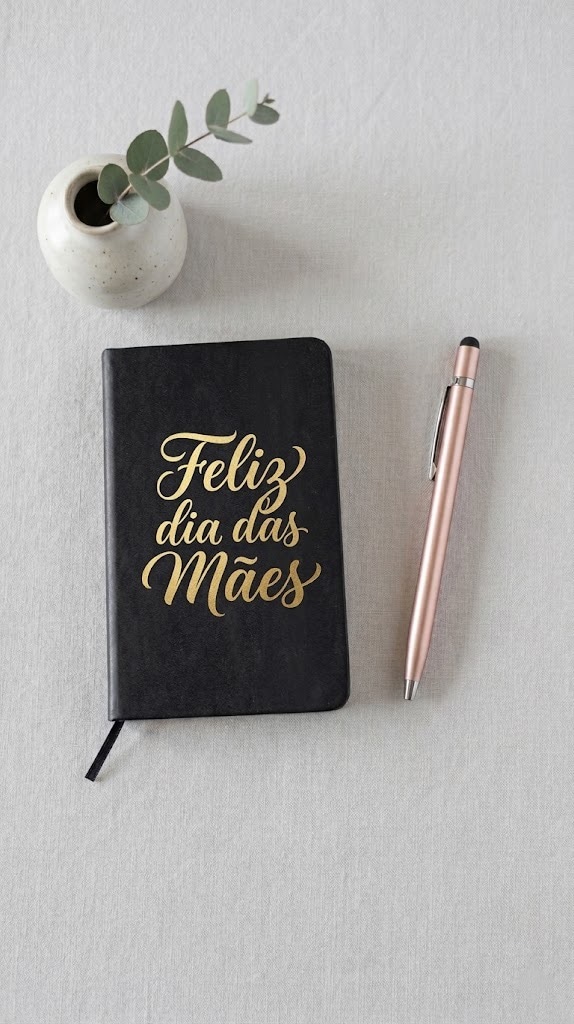 Caderno preto personalizado com mensagem Feliz dia das Mães e caneta rosé