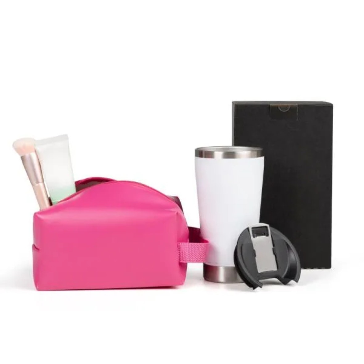 Kit de boas-vindas soft com nécessaire rosa, copo térmico e embalagem personalizada