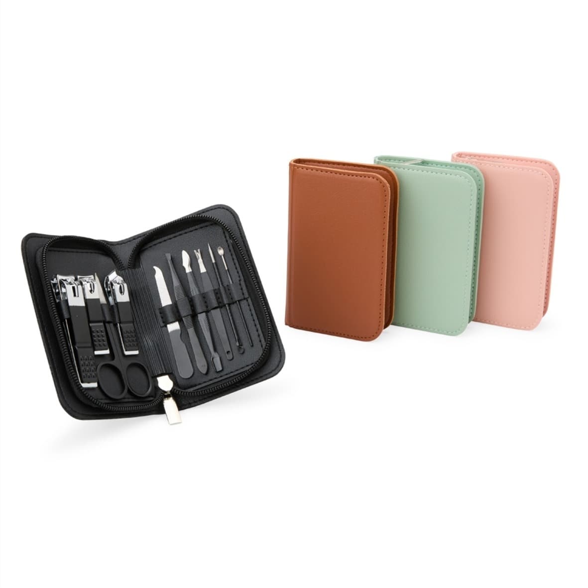 Kit manicure compacto em estojo de couro com ferramentas inox, disponível em preto, caramelo, verde e rosa