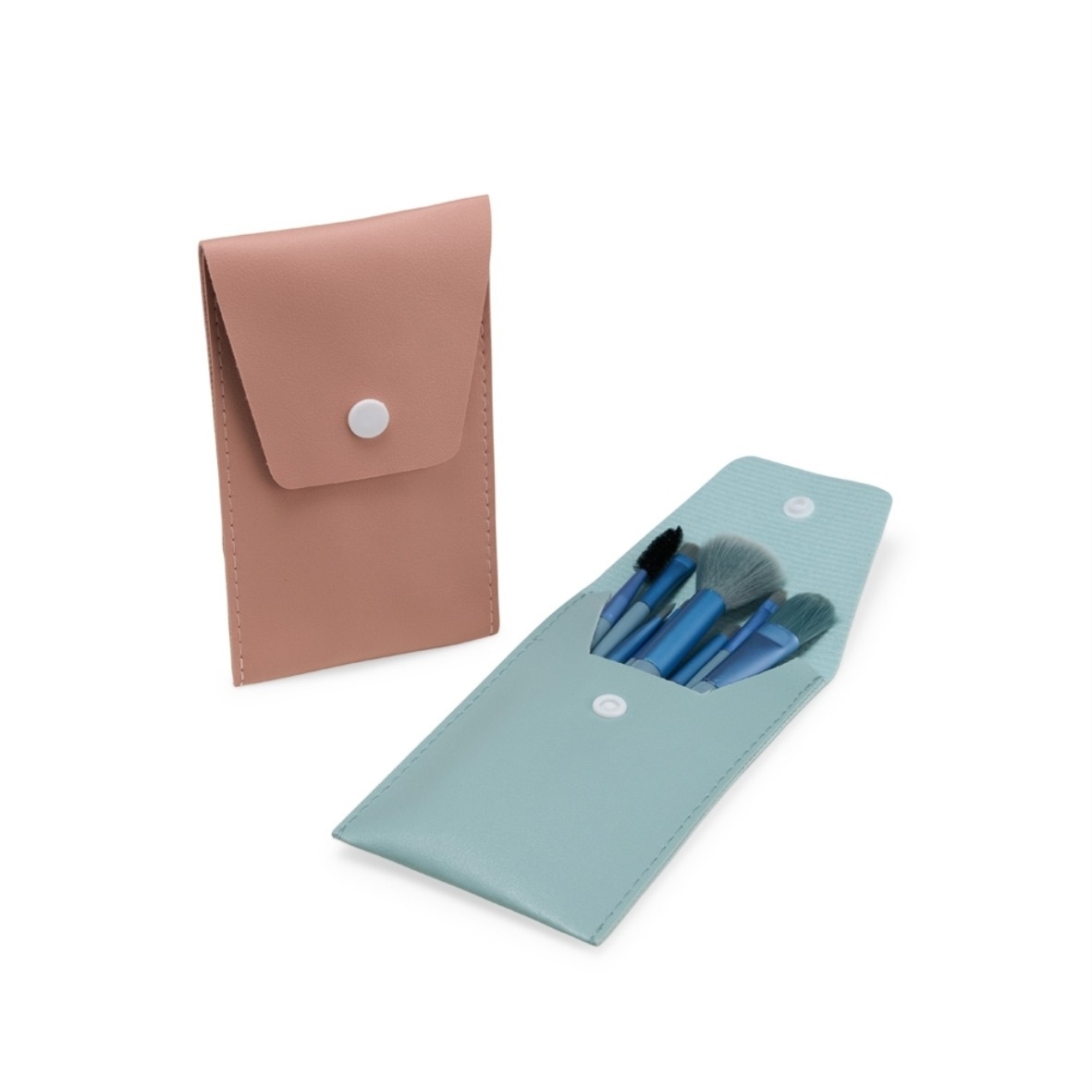 Kit de pincéis de maquiagem em estojo de couro sintético com fecho de pressão nas cores rosa e azul