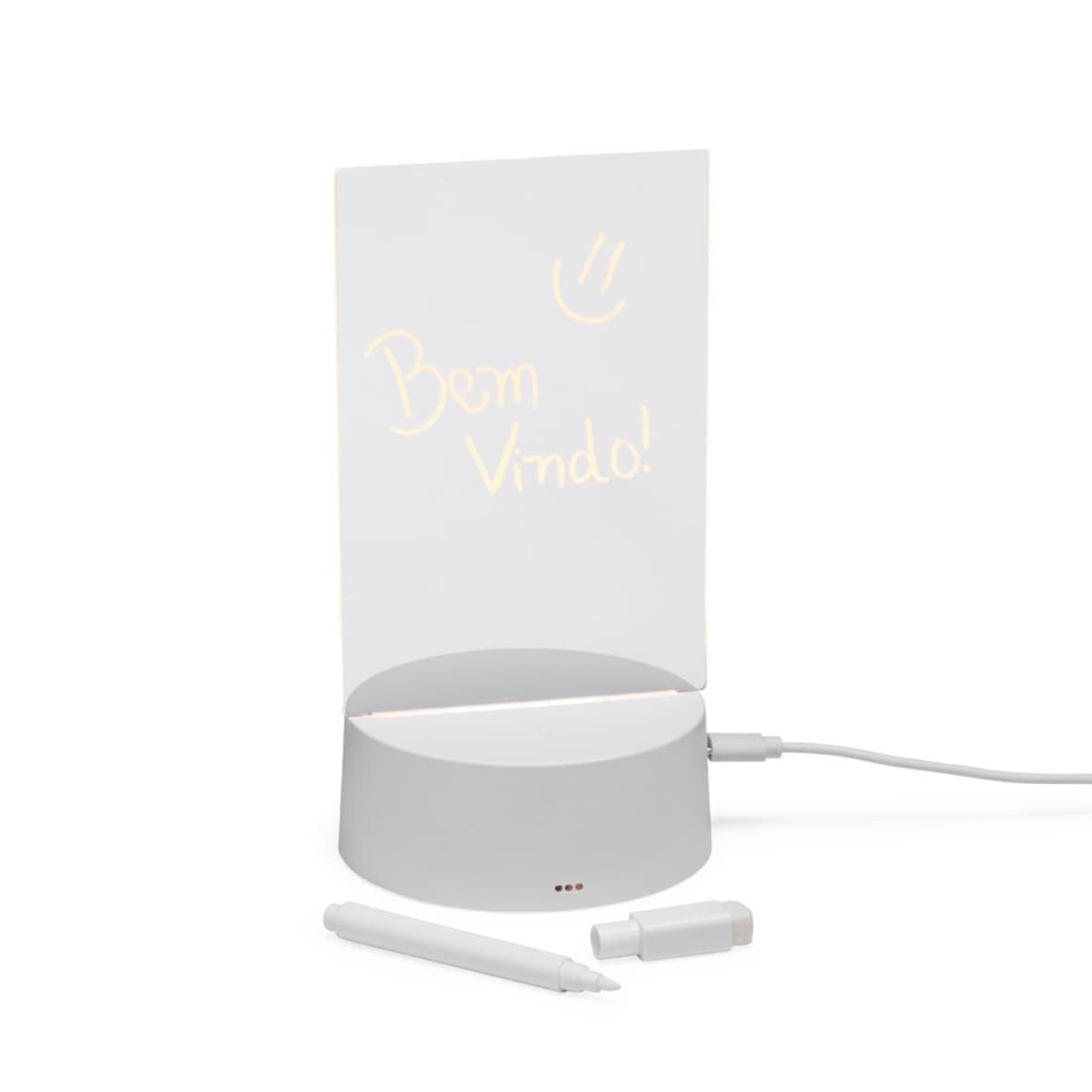 Placa LED iluminada com mensagem personalizável em acrílico, base branca e caneta marcadora