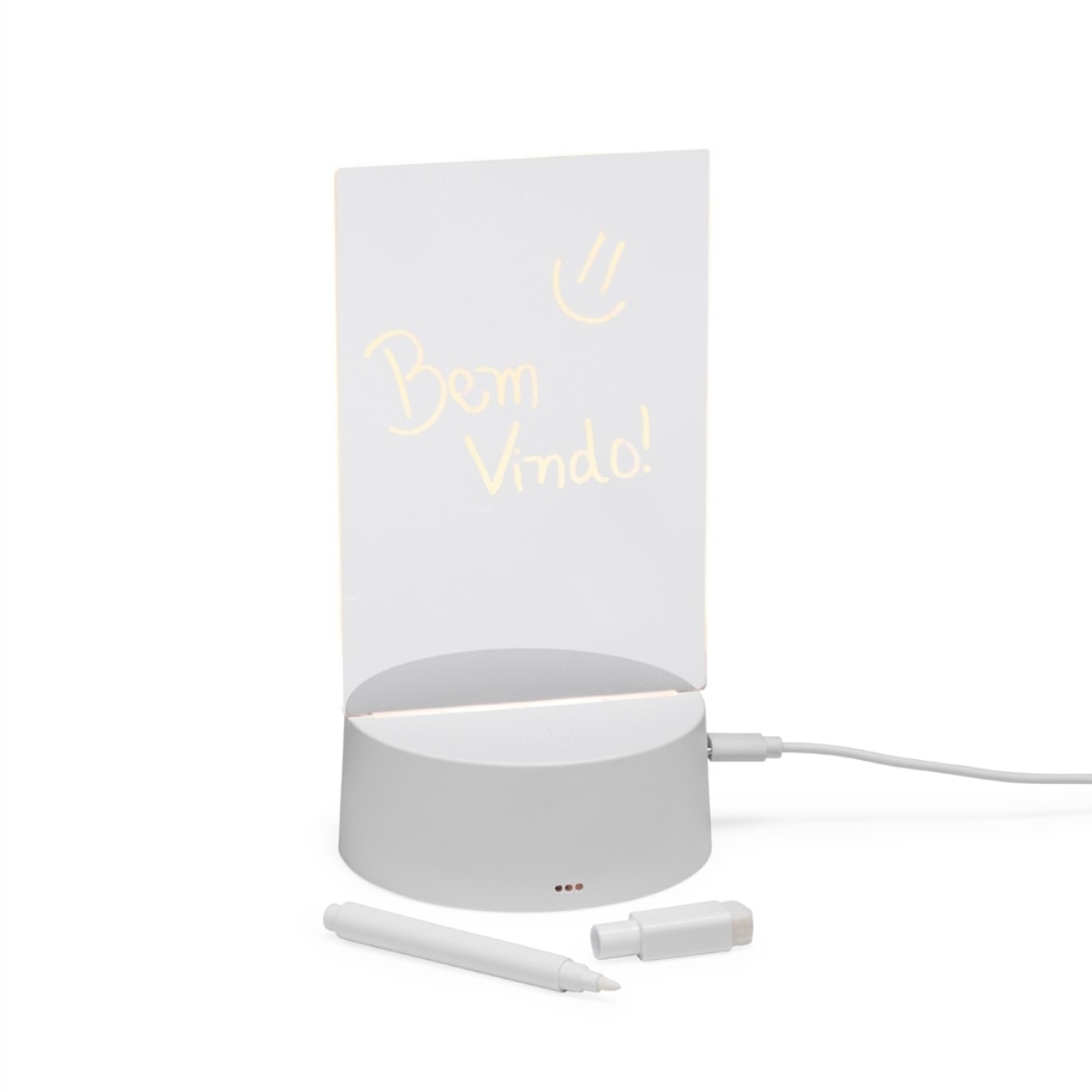 Placa LED iluminada com mensagem personalizável em acrílico, base branca e caneta marcadora